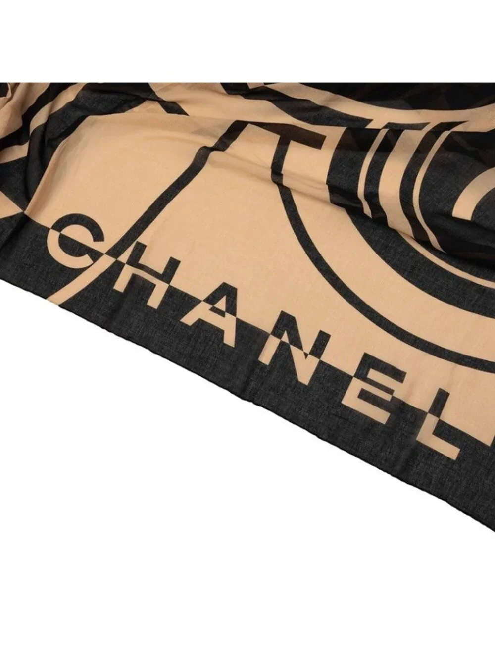 Chanel CC Logo Scarf Shawl Beige Black Cotton